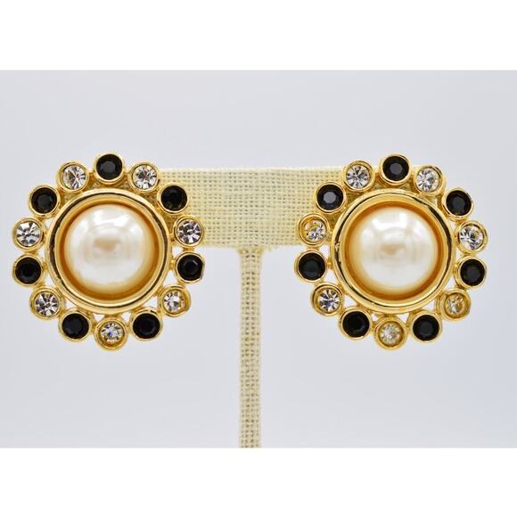 Givenchy Vintage Crystal Clip Earrings Black Gold Pearl Chunky Signed 1980s BinC - Picture 1 of 12